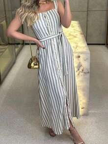 LONG STRIPED LINEN DRESS WITH BUTTON STRIPED TANK TOP WITH SLIT AND BODY EVANGELICAL FASHION 010 - 灰色 - 查看 2