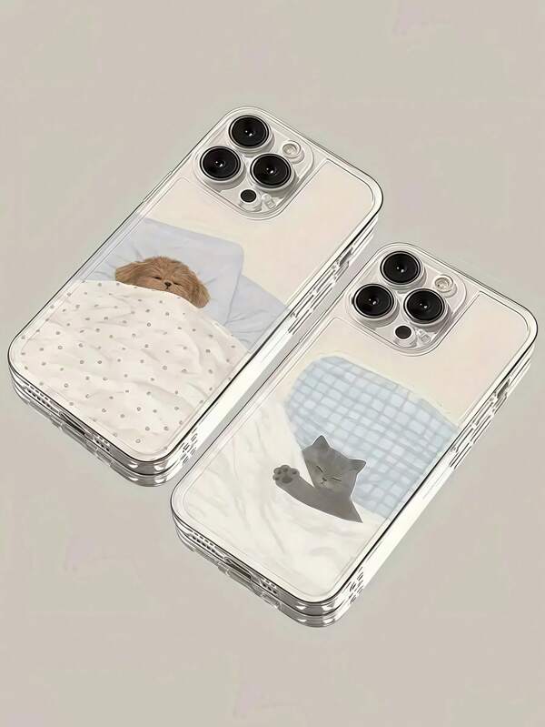2pcs Couple Cat & Dog Sleeping Creative Pattern Transparent Full Coverage Shockproof TPU Phone Case Compatible With IPhone 17 16 15 14 13 12 11 Pro Max, A55/54/53/52/51, S25/24/23/22/21 Series