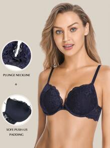 Sujetador de encaje con efecto push-up para mujer, con aros acolchados cómodos, de tacto suave y acogedor, con tirantes ajustables, lencería casual para uso en casa y diario