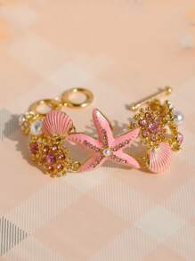 1pc Short Beach Style Enamel Starfish, Coral, Rhinestone, Sea Shell & Faux Pearl Necklace, Suitable For Women To Wear At The Beach