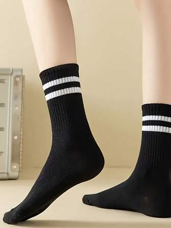 3/5/10/15/20 Pairs Striped Mid-Calf Socks, Comfortable Breathable Unisex Long Socks, White, Suitable For Daily Wear, Sports, Autumn