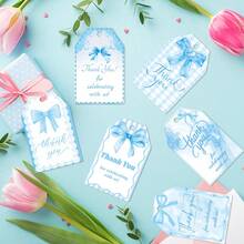 60 piezas Etiquetas colgantes de agradecimiento con estampado de moño, etiquetas colgantes con moños de color rosa/negro/azul para decoraciones de regalos de cumpleaños, bodas, despedidas de soltera, manualidades DIY, fiestas y etiquetas - Multicolor - Ver 10