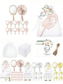 Set de regalo para invitados de boda de 16/4 piezas, espejos de mano bañados en oro con diseño de rosa, espejos bañados en oro rosa, tarjetas de agradecimiento con diseño floral y bolsas de organza, regalos para damas de honor, recuerdos de boda, adecuado para fiestas de boda y regalos de duchas nupciales - Multicolor - Ver 1