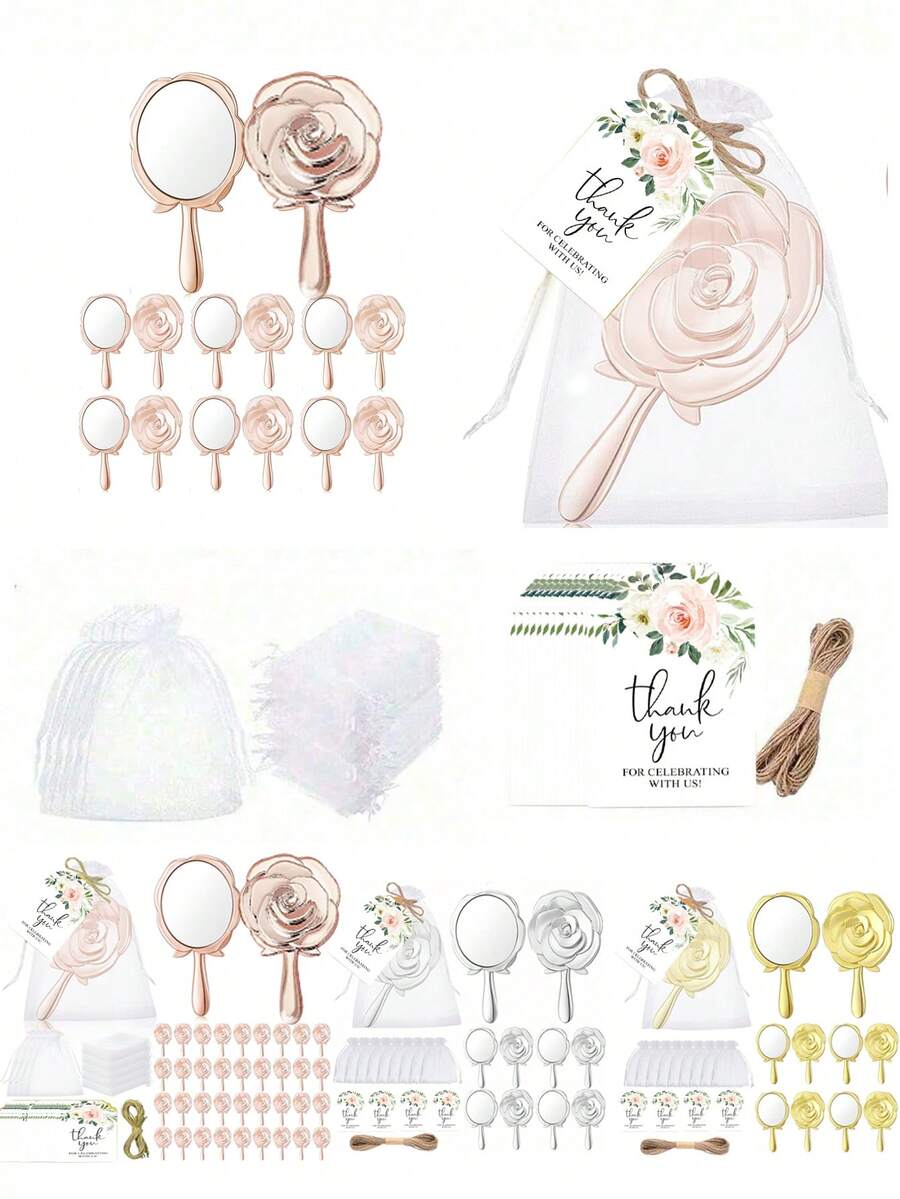 Set de regalo para invitados de boda de 16/4 piezas, espejos de mano bañados en oro con diseño de rosa, espejos bañados en oro rosa, tarjetas de agradecimiento con diseño floral y bolsas de organza, regalos para damas de honor, recuerdos de boda, adecuado para fiestas de boda y regalos de duchas nupciales - Multicolor - Ver 1