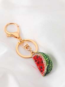 1pc Creative Cartoon Cute Fruit Watermelon & Strawberry Rhinestone Decor Personalized Car Key Chain, Backpack Metal Pendant Charm - Gold - View 2