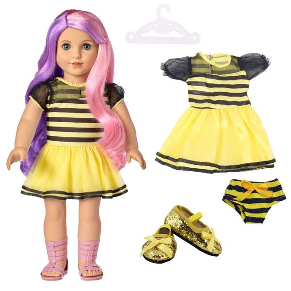 Nuevo conjunto de 3 piezas (Vestido a rayas amarillo + Pantalón + Zapatos) que se ajusta a la muñeca American Girl de 18 pulgadas, regalo de cumpleaños para niños (la muñeca no está incluida)