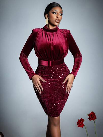 Faeriesty 秋冬奢华天鹅绒亮片立领长袖系带连衣裙 | 晚会、正式派对、红毯活动、浪漫晚宴、婚礼宾客鸡尾酒会礼服