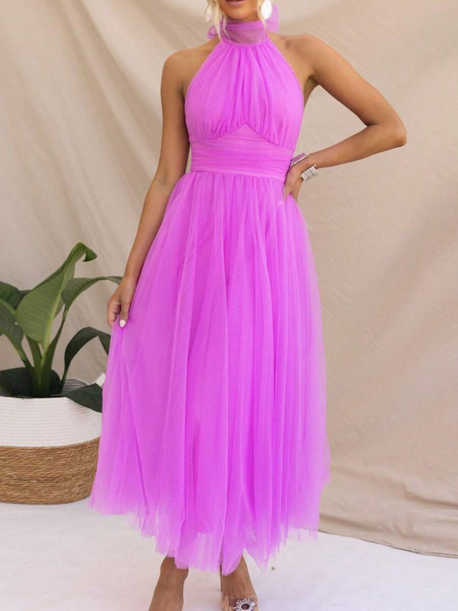 Womens Backless Long Dress Adjustable Tie Halter Neck Tulle High Waist Solid Party Wedding Dress - Màu tím - Xem 1