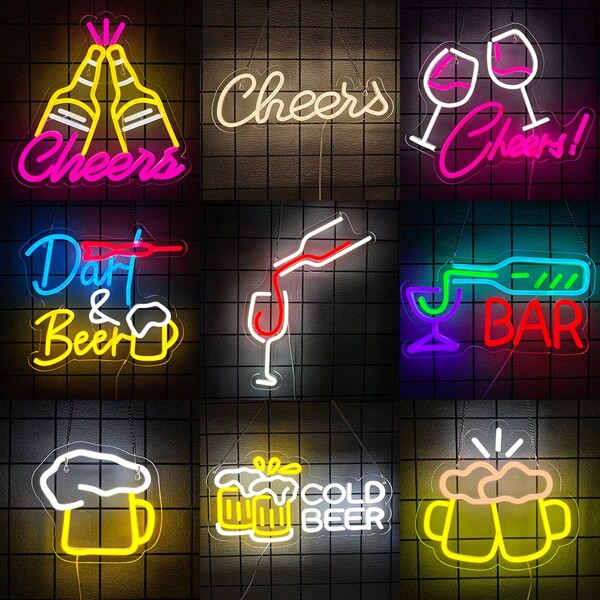Cheers/Darts Beer/Pouring/Cold Beer/Beer Neon Light Signs, USB Powered Wall Decor, Bar LED Night Lights, Home Bar And Party Decor Neon Lights, Suitable For Bar, Beer Club, Man Cave, Tavern, Shop, Restaurant, Bedroom Lighting Signs, Switch Control, Easy To Install.