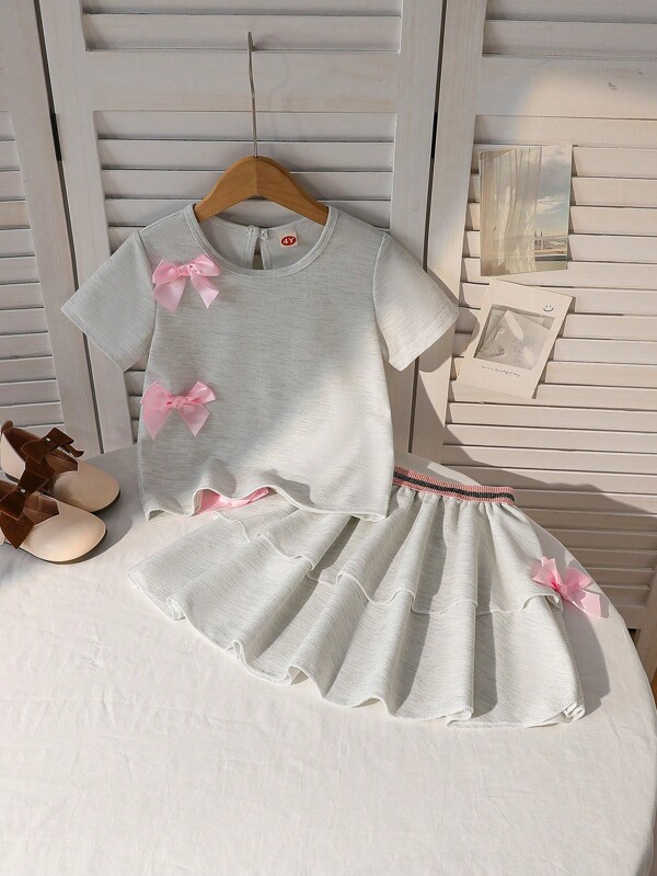 2 peças/conjunto de blusa casual com decoração de laço para meninas + saia de patchwork com laço combinando