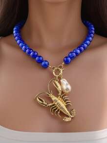 Retro Versatile Crustacean Beaded Handmade Necklace, Vintage Alloy Boho Seafood Jewelry, Fashion Unique Resort Style