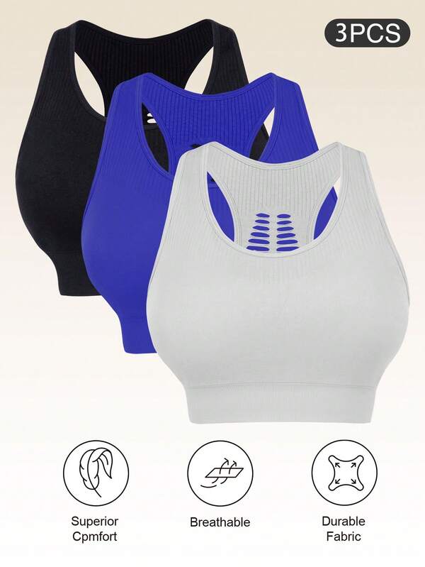 3pcs Plus Size Women's Camisole Bras With Removable Pads, Hollow Back Design, Anti-Sagging, Easy On & Off, Suitable For Gym Use