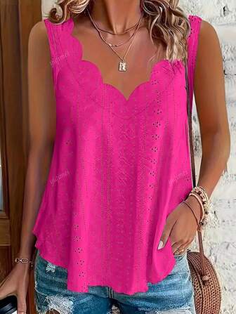 Plus Size Casual Solid Color Palace Fabric Flared Hem V-Neck Sleeveless Top