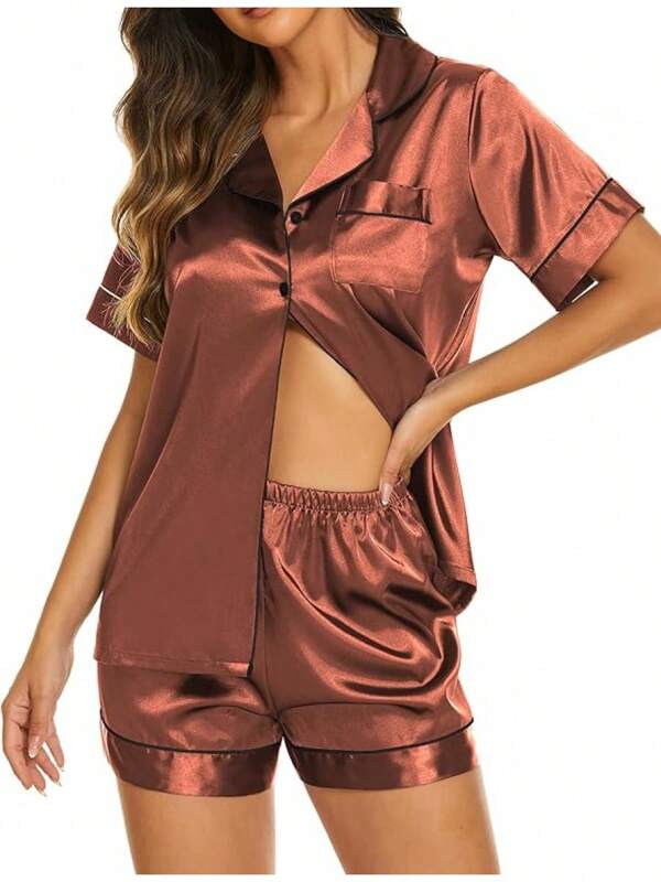 Silk Pajama Sets Womens 2 Piece Short Sleeve Sleepwear Soft Button Down Loungewear Satin Pjs Shorts Lounge Set S-XXL