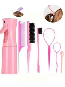 Juego de 8 piezas de herramientas para peinado de color rosa - Botella rociadora, peine de cola, cepillo cardador, herramientas de bucle y horquillas para trenzar y peinados DIY