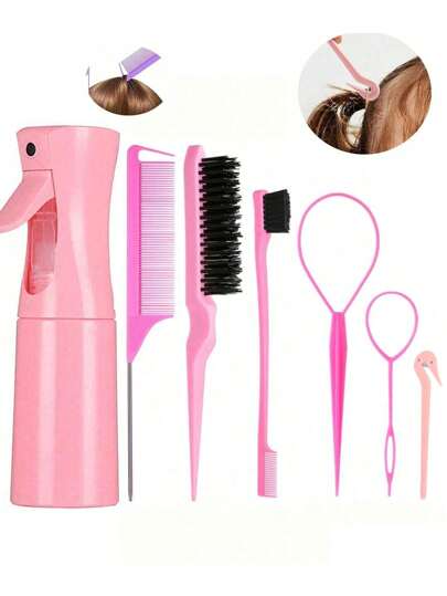 8-teiliges rosa Haarstyling-Set - Sprühflasche, Kamm mit Spitze, Volumenbrush, Schlaufenwerkzeuge & Haarclips zum Flechten und für DIY-Frisuren