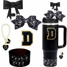 5 piezas de accesorios para taza de 30oz y 40oz, que incluyen tapa con protector de pajita de 10mm, decoración de lazos para pajita, pegatina con letras y cadena con dije, y funda protectora de silicona para la taza