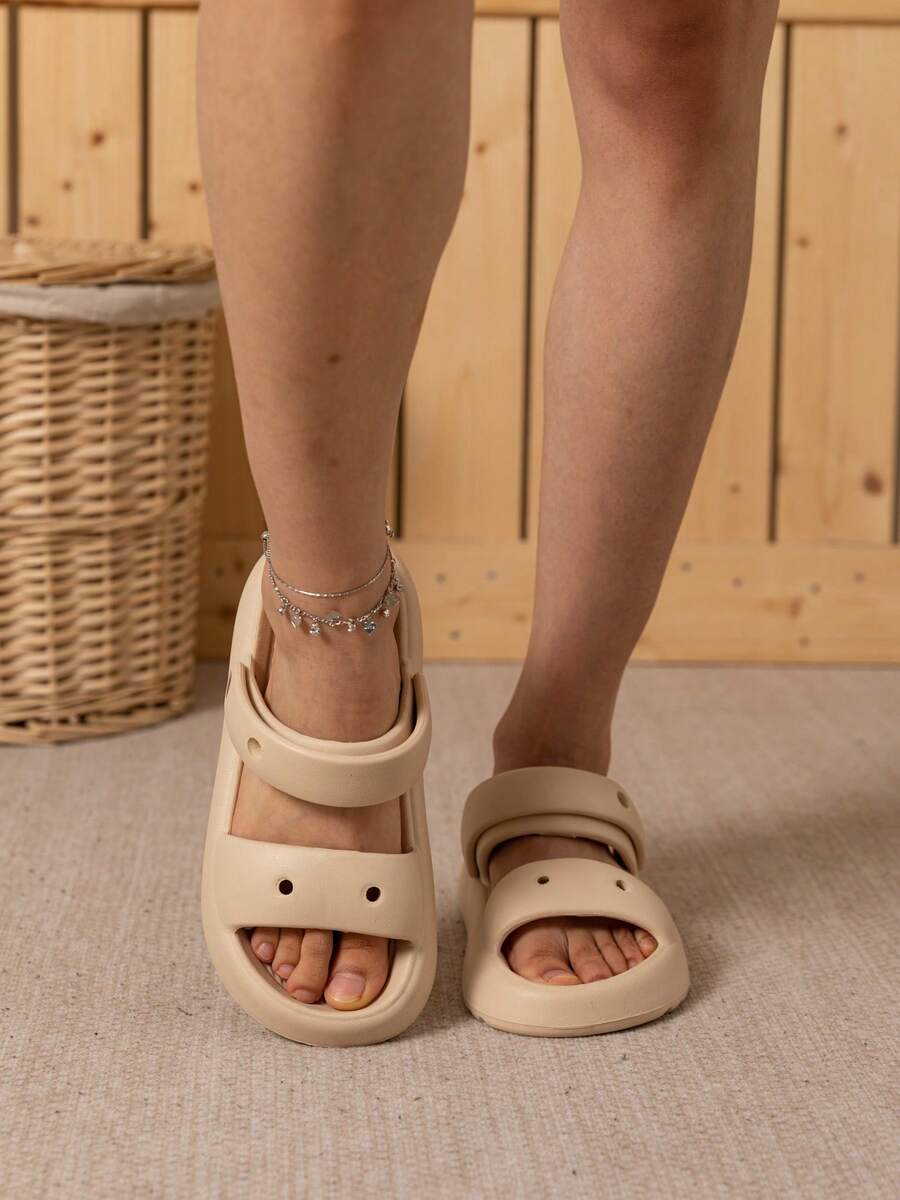 Women's Double Bar Slippers, Summer Beach Shoes, EVA Material, Soft & Comfortable, Anti-Slip & Wear Resistant, DIY Decal Flower Decoration - Khaki - View 1