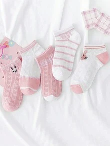 5 Pairs Heart & Rabbit Mesh Thin Kids Socks, "HAPPY, BABY" - Pink - View 7