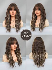 7JHH WIGS 24 Inch Dark Brown Long Wavy Wigs For Women,Highlight Golden Gorgeous Loose Wave Curly Wig With Bangs, Heat Resistant Fiber Synthetic Full Machine Wig For Girls Music Festival Party Streetwear, Anime Or Costume Use - 挑染米色 - 查看 5