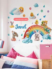 Personalized Name Wall Stickers For Kids – Custom Animal-Themed Wall Decals (Airplane Mouse, Rainbow Bunny, Panda) – Removable PVC Wall Decor For Nursery, Bedroom, Playroom - DP047-rainbow Bunny-30-120 - View 5