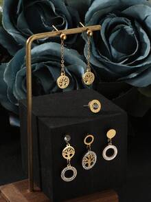 6pcs/Set Stainless Steel Gold Life Tree Compass Earrings Set - Gold - View 3