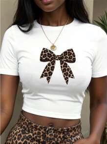 Leopard Print Bow Pattern Slim Short Sleeve Round Neck Top Women's Graphic T-Shirt, Animal Print Tshir,Suitable For Spring And Summer