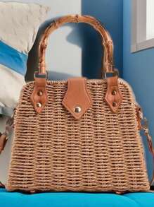 New Fashion Bamboo Knitted Handbag, Cross-Body Woven Bag, Vacation Beach Bag, Versatile Women Handbag