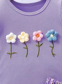 Conjunto de vacaciones para niña: Camiseta azul con estampado floral menudo con decoración floral en 3D + Falda con volantes y estampado floral menudo, estilo dulce para niñas, apropiado para actividades al aire libre y sesiones de fotos, talla 4-7 años, primavera/verano