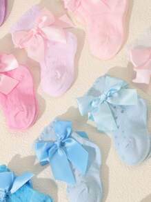 12 Pairs Baby/Toddler Girls Random Solid Color Mesh Hollow Bow Decor Princess Socks, Spring/Summer
