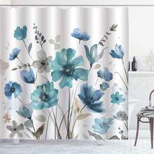 1pc Blue & Green Floral Watercolor Pattern Waterproof Bathroom Curtain, Home Bathroom Decor, Bathroom Accessories, Back To School Season - Multicolor - View 3