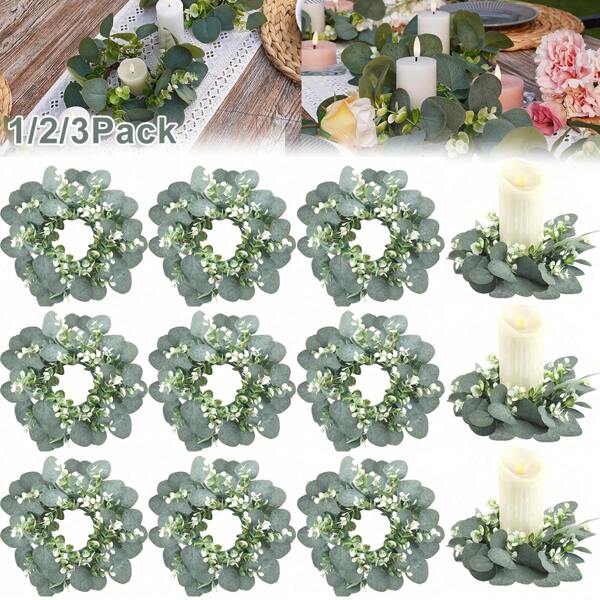 1/2/3 Pcs Artificial Eucalyptus Leaves Candle Rings 9.8 Inch Wedding Center Greenery Candle Rings Wreath Pillar Candle Holder For Spring Summer Wedding Home Door Tabletop Decoration