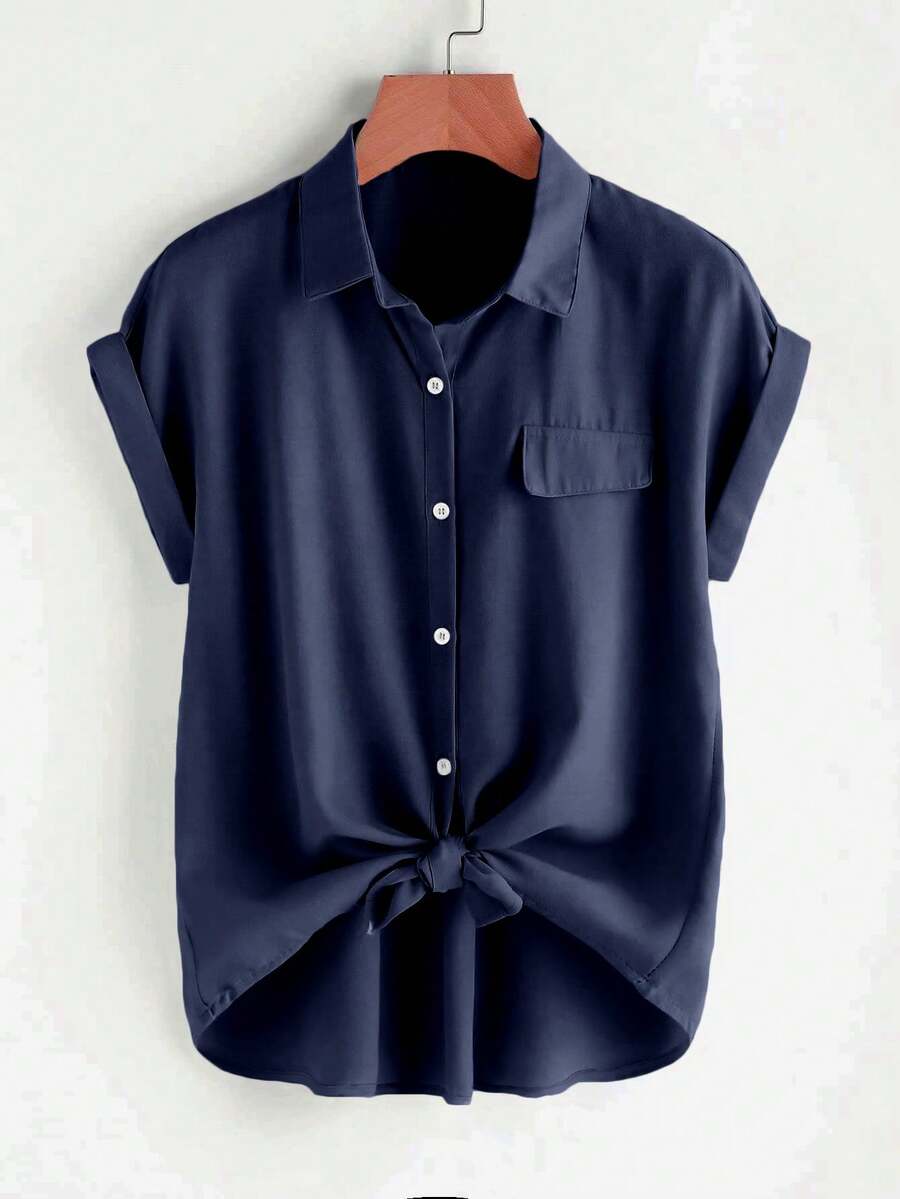 Women's Casual Solid Color Pocket Button-Up Shirt - Navy Blue - View 1