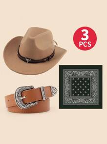 3 Stück/Set Westlicher Cowgirl Anzug für Kinder, Cowboyhut, Bandana, Gürtel für Halloween, Ostern, Cowgirl Kostüm Accessoires