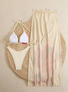 Set bikini con stampa floreale in stile boho con scollo alla halter, set da 3 pezzi con pareo abbinato, per l estates e le vacanze al mare