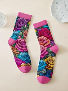 1 Pair Multicolor Rose Pattern Socks, Vibrant Rose Design Suitable For Any Occasion, 360 Digital Printing Mid-Calf Socks With Random Floral Prints, Nordic Style, Polyester, Seasonal, Fall - Multicolor - View 8