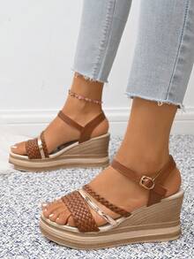 女士金色编织钻石般装饰厚底坡跟凉鞋，年轻时尚波西米亚风格休闲百搭假日坡跟厚底凉鞋 - 棕色 - 查看 6