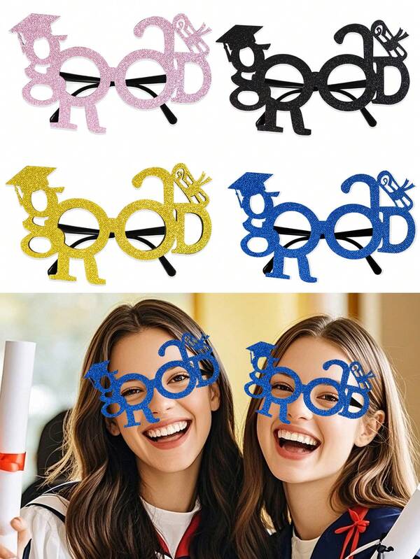 3 peças Óculos de formatura 2025, tema de formatura, decoração para festa, azul, dourado, pó, letras, armação de óculos