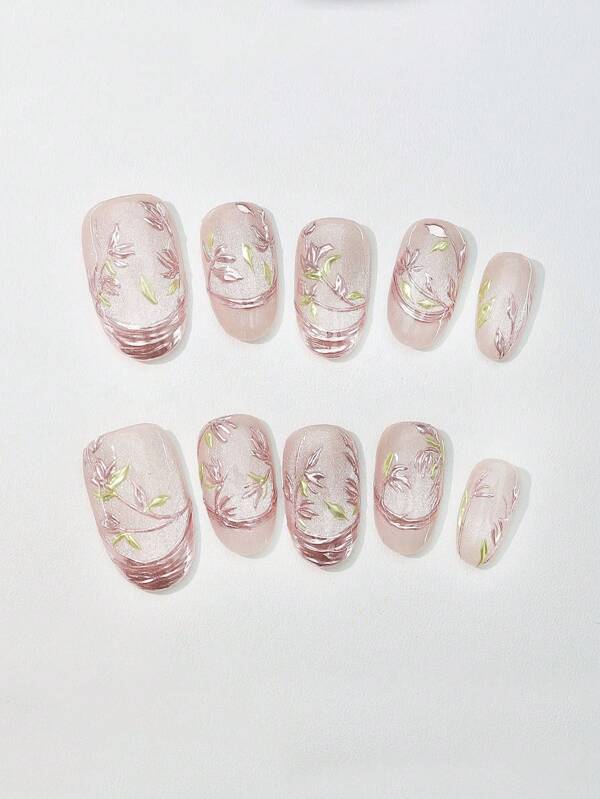 10 Stücke handbemalte französische Spiegel-Nagel-Spitzen in hellem Rosa mit Katzenaugen-Motiv, weiche und aufhellende Nail-Deko
