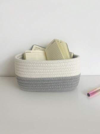 1 pieza Organizador de escritorio de cesta tejida con diseño de dibujos animados, para llaves, cosméticos, habitación de bebé, control remoto, decoración del hogar, tamaño pequeño para mesilla de noche de niños