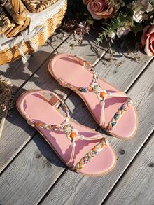 WRCVS Women's Light Pink Flat Sandals, National Style Woven Flat Shoes, Lightweight Prevent Slippery Beach Shoes, Handmade Beaded Floral Pattern Randomized Sandals, Suitable For Summer - Pink - View 6