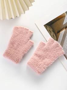 1 Pair Solid Color Casual Cute Party Polyester Intarsia Fringe Fuzzy Knit Half Finger Gloves, Soft, Suitable For Going Out, School, Spring, Autumn & Winter - A - View 5