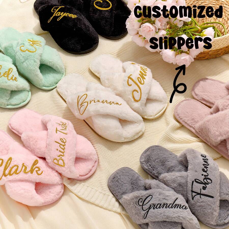 Custom Fluffy Slippers, Custom Bride Slippers, Fluffy Bridesmaid Slippers, Bride Slipper Personalized, Christmas Party Slippers, Fluffy Slippers, Bride Slippers, Fluffy Cross Pearls Slippers