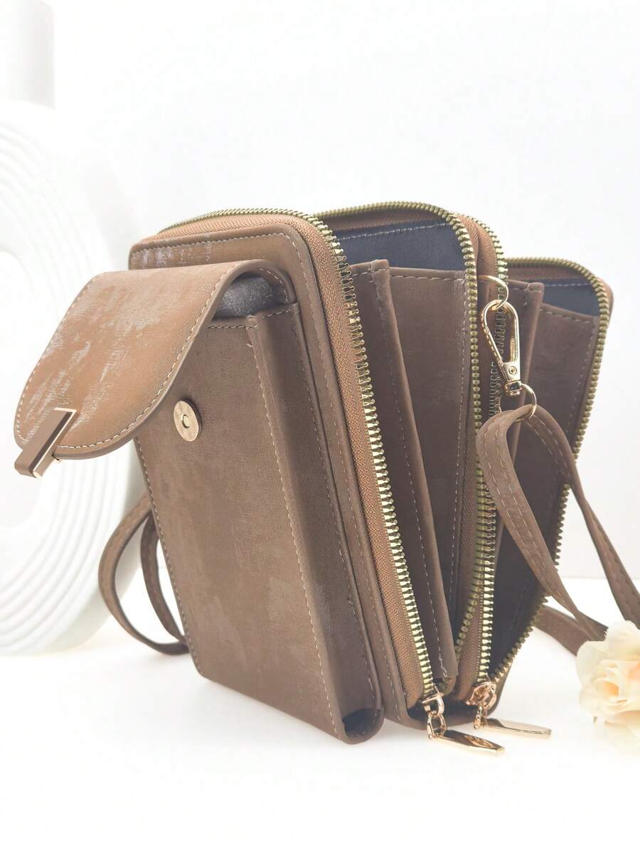 MINGYOU Messenger Bag PU Soft Fashionable Young Multi-Layer Zipper Multi-Function Large Capacity Mobile Wallet For Women Wallet Purse Wallet - Brown - View 1