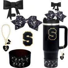 5 piezas de accesorios para taza de 30oz y 40oz, que incluyen tapa con protector de pajita de 10mm, decoración de lazos para pajita, pegatina con letras y cadena con dije, y funda protectora de silicona para la taza
