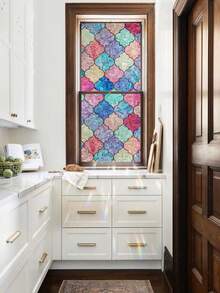 1卷复古玻璃窗隐私膜，彩虹全息窗隐私贴纸，装饰性防紫外线静电吸附窗膜，适用于家居装饰和隔热（17.7*118英寸） - 彩色 - 查看 7