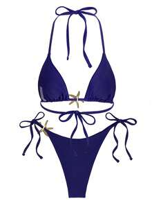 New Sexy Solid Turquoise Starfish Women's Bikini Swimsuit, Suitable For Beach, Vacation, Party, Date In Spring/Summer - Blue - View 3