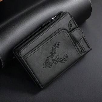 CarrKen 1pc Men's Black Deer Head Graphic Short Wallet Multi Card Slots Bifold Credit Card Holder Multifunction Zipper Coin Purse Gift For Men Wallet Mini Wallet Purse Wallet Men Wallet Leather Small Wallet Wallet