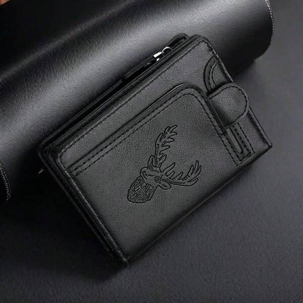 CarrKen 1 pezzo Portafoglio corto da uomo in nero con grafica testa di cervo, con scomparti per più carte, portafogli bifold multifunzione con cerniera per monete, regalo per uomo, portafoglio mini, portamonete, portafoglio in pelle, portafoglio piccolo