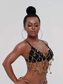 New Arrival Rhinestone Circle Pendant Mesh Chest Chain, European And American Fashion Body Chain - Gold - View 2